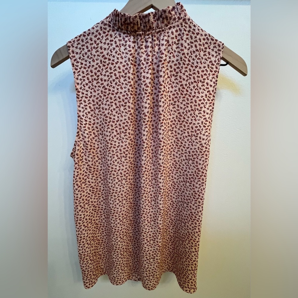 LOFT Pink Cranberry Fall Floral Romantic Sleeveless Ruffled Collar Button Top L - Picture 4 of 4